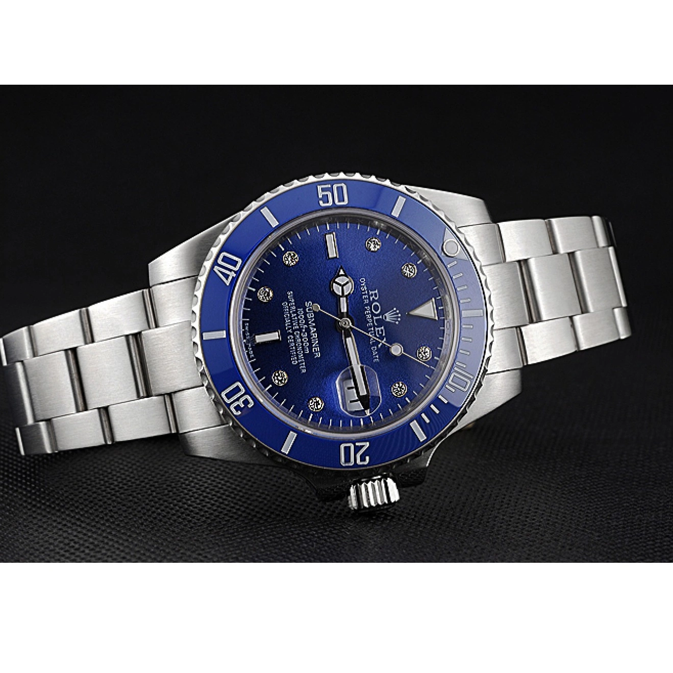 Aaa replica watch Stainless Bracelet Steel Case Blue Diamond Submariner Rolex Steel Stainless Markers Dial 622638 0516